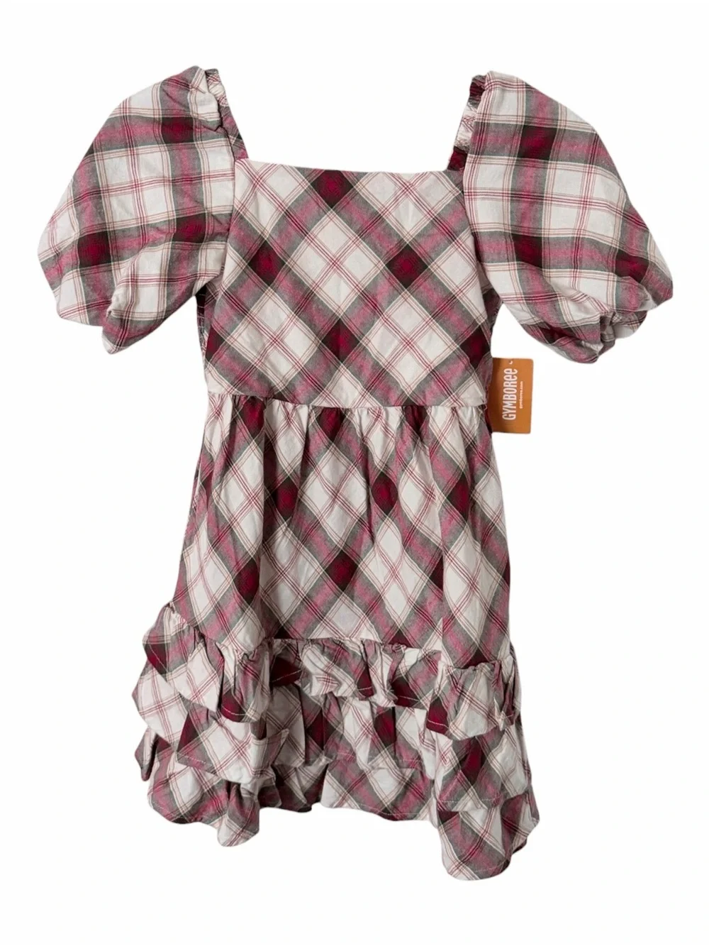 NEW Gymboree Cream Plaid Ruffle Dress Size 6 Puff Sleeves 100 Cotton